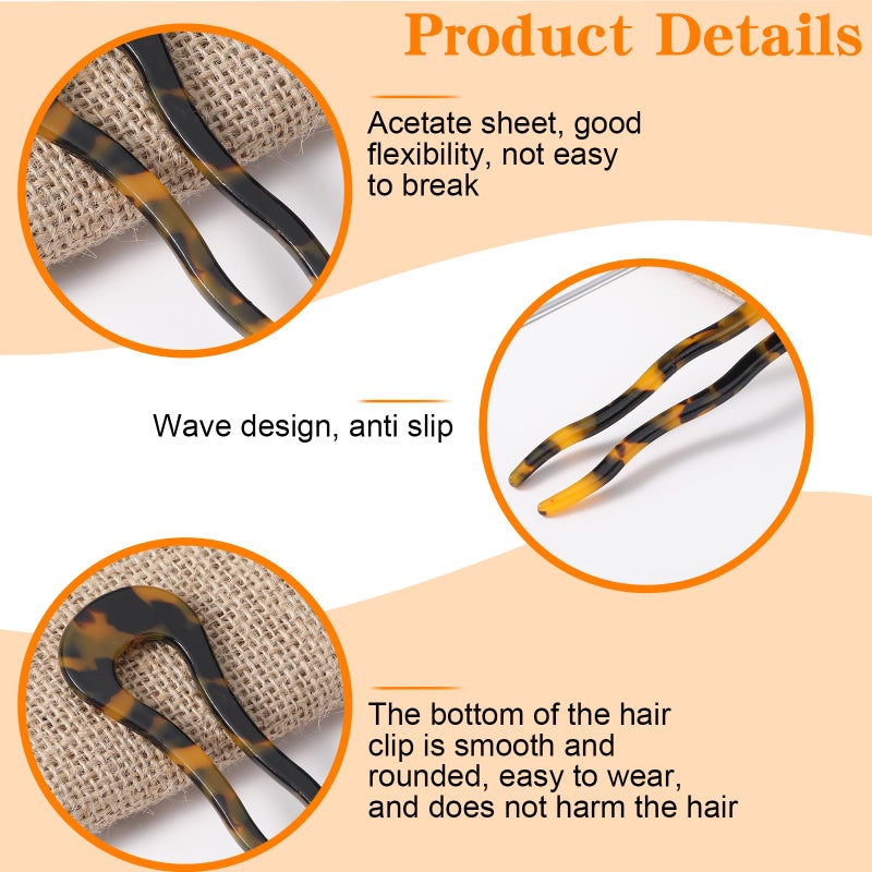 Bremorou 6 Pcs French Hair Pin Tortoise Shell French Twist Hair Pin U Shaped Acetate 2 Prong Bun Sticks Decorative Acetate For Women Thick Long Hair(Yellow, Beige, Tortoise Shell Colors) - Image 3